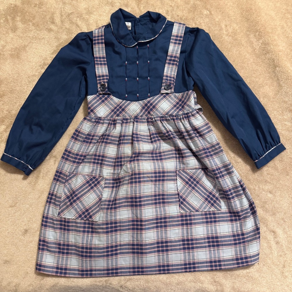Polly Flinders Vintage Navy Plaid Hand Smocked Dress Girls 6X